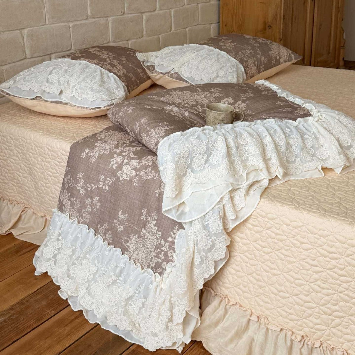 Padded bedspread set with multilayer lace trim and floral woven texture — product view 5