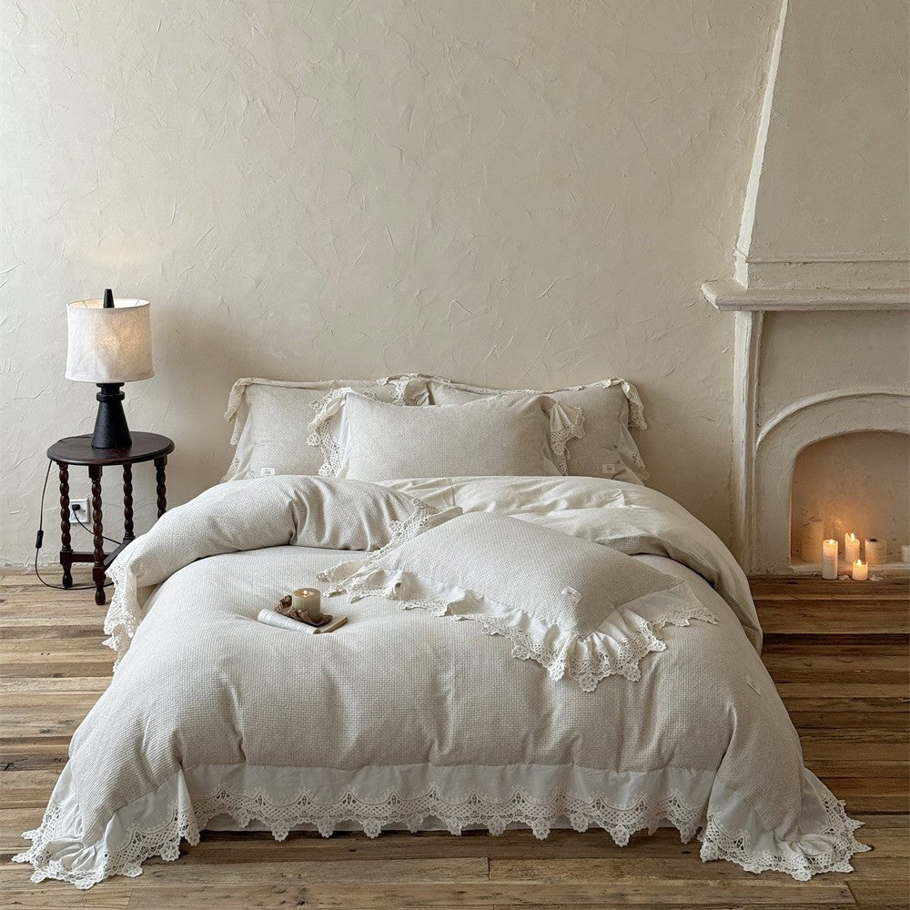 Romantic cotton-linen bedding set with crocheted lace trim and ruffle — product view 6