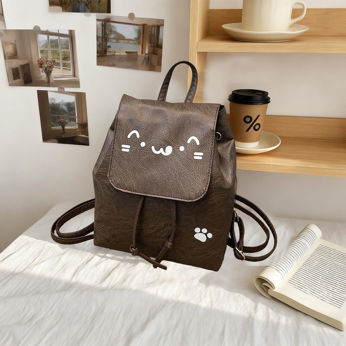Cute Cat-Themed Faux Leather Backpack LoungeYard — product view 1