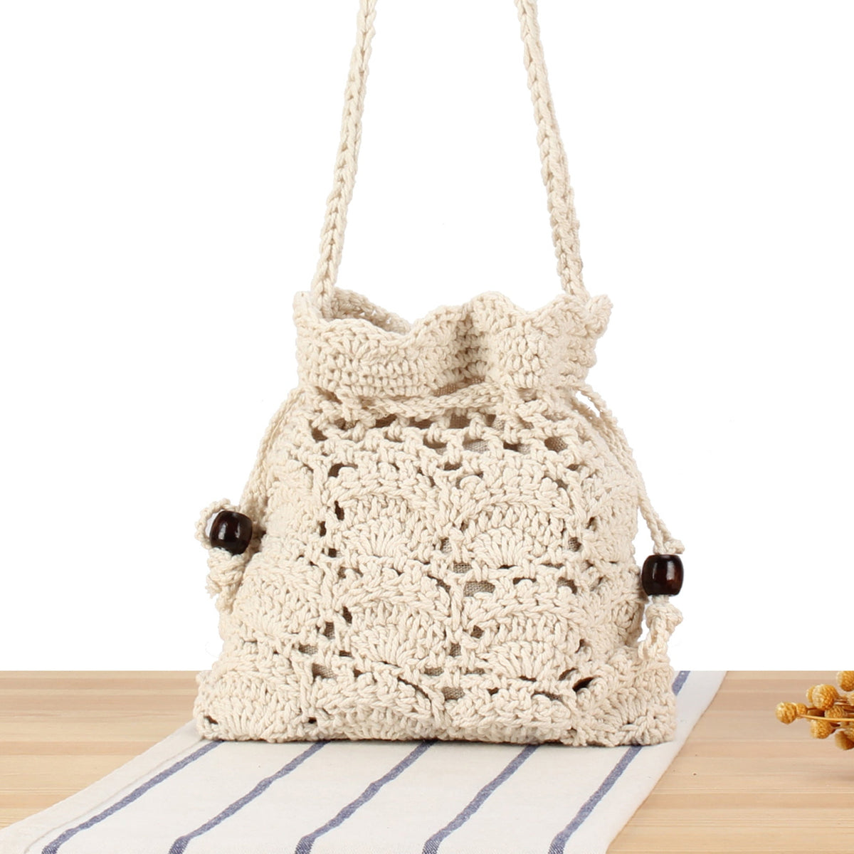 Handmade macrame shoulder bag with ruffled trim LoungeYard — product view 5