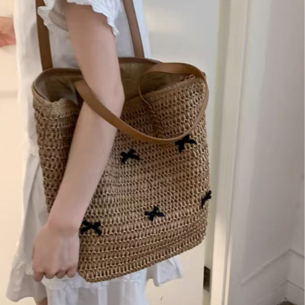 Braided Bast Bag with Decorative Bow Design LoungeYard — product view 1