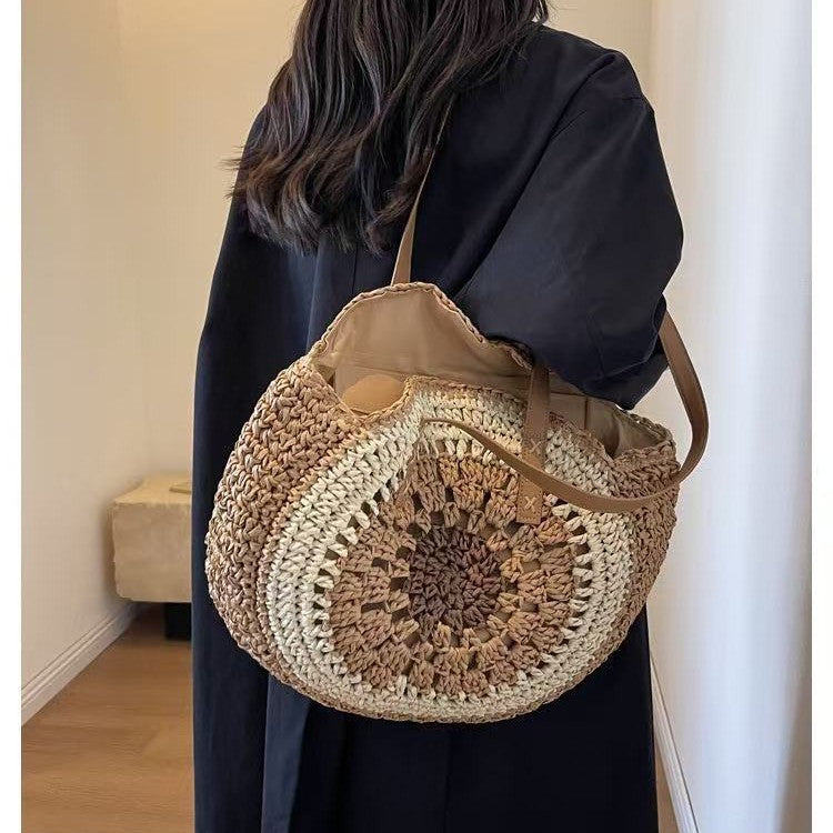 Macrame Beach Bag with Brown Leather Handles LoungeYard — product view 1