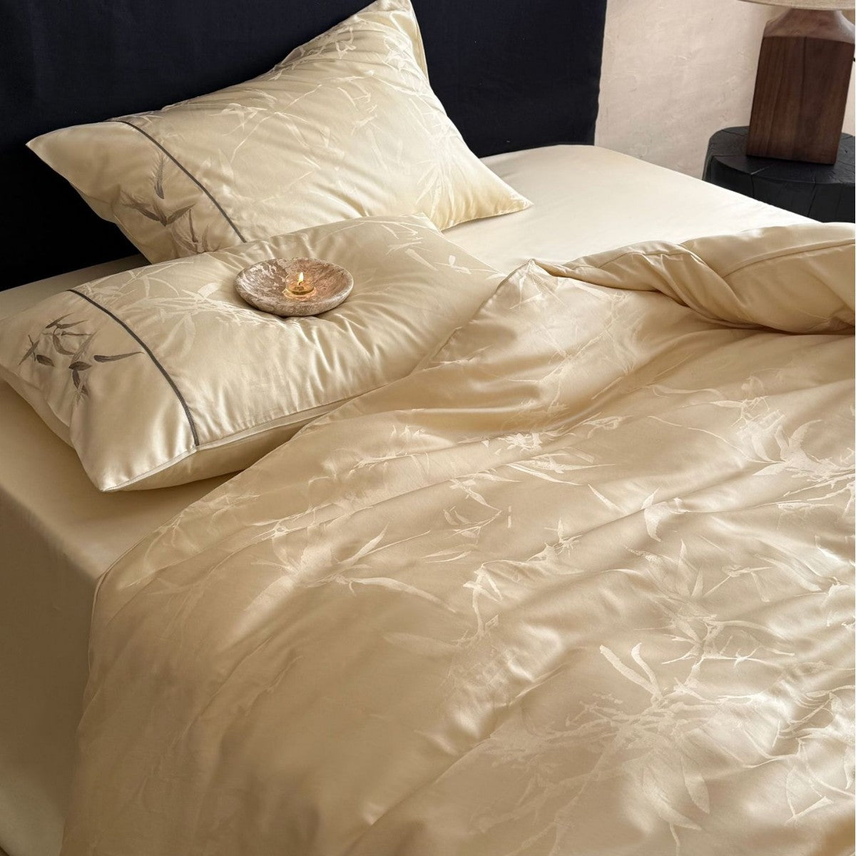 Premium Satin bedding set with subtle jacquard leaf pattern and silky finish — product view 3