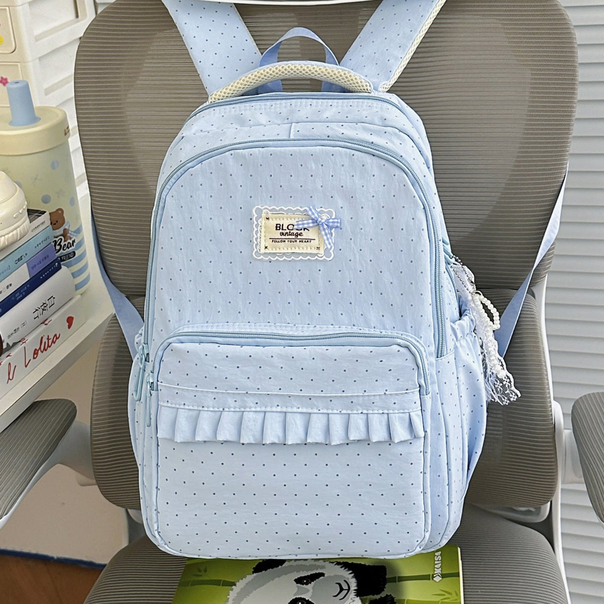 Polka Dot Patterned Backpack with Ruffle Accents LoungeYard — product view 7
