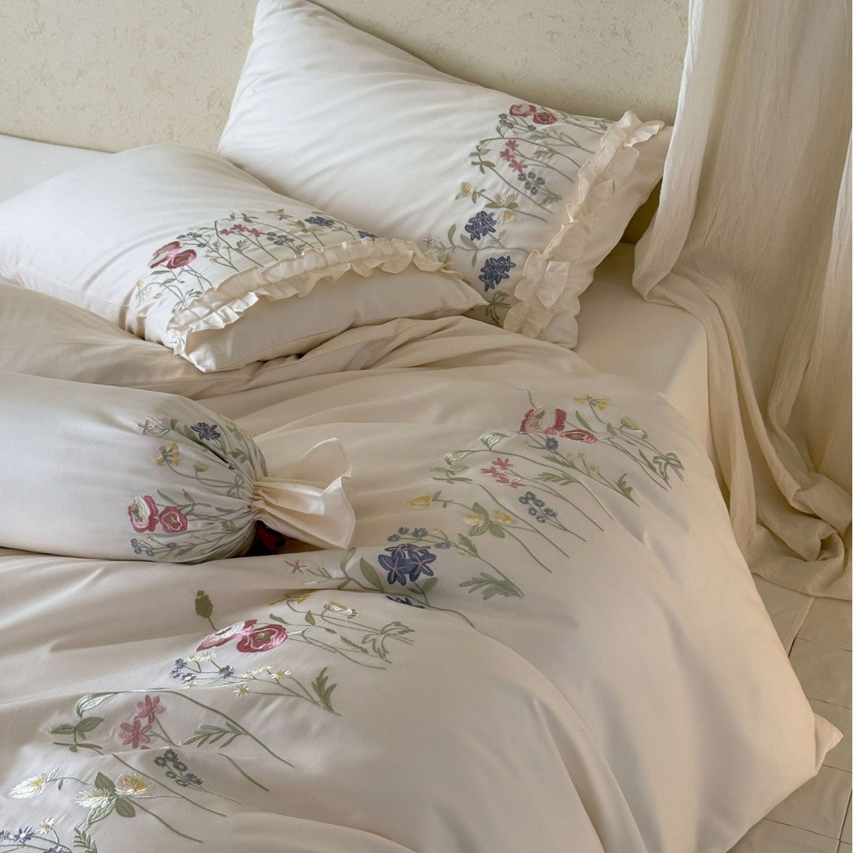 Fine satin bed linen set with delicate botanical embroidery and ruffled edge LoungeYard — product view 3
