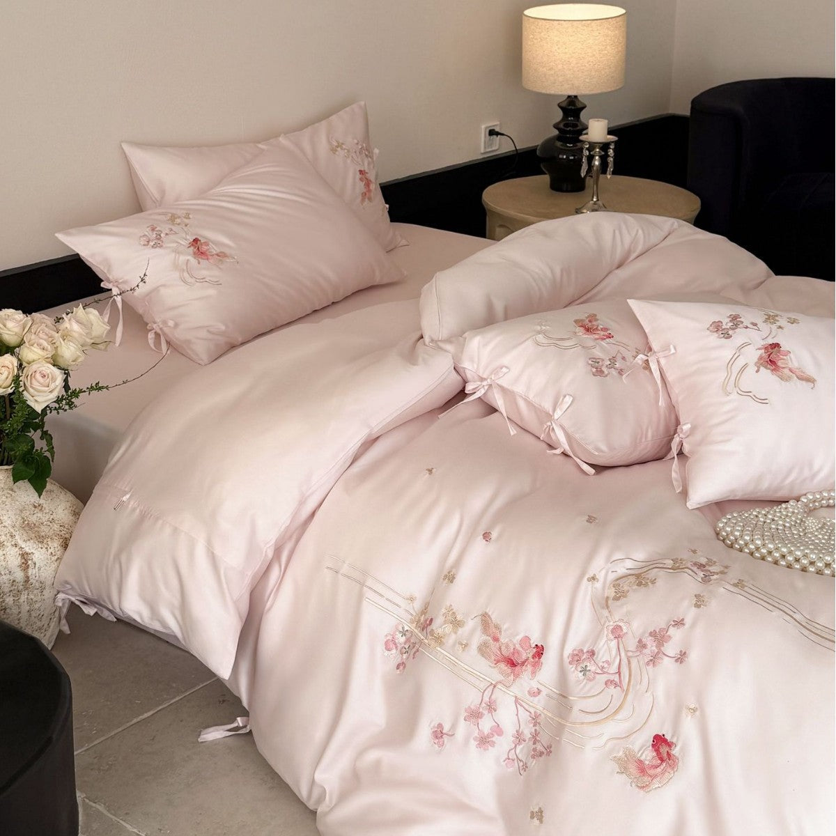 Fine silk satin bedding set with delicate floral embroidery and ties LoungeYard — product view 2