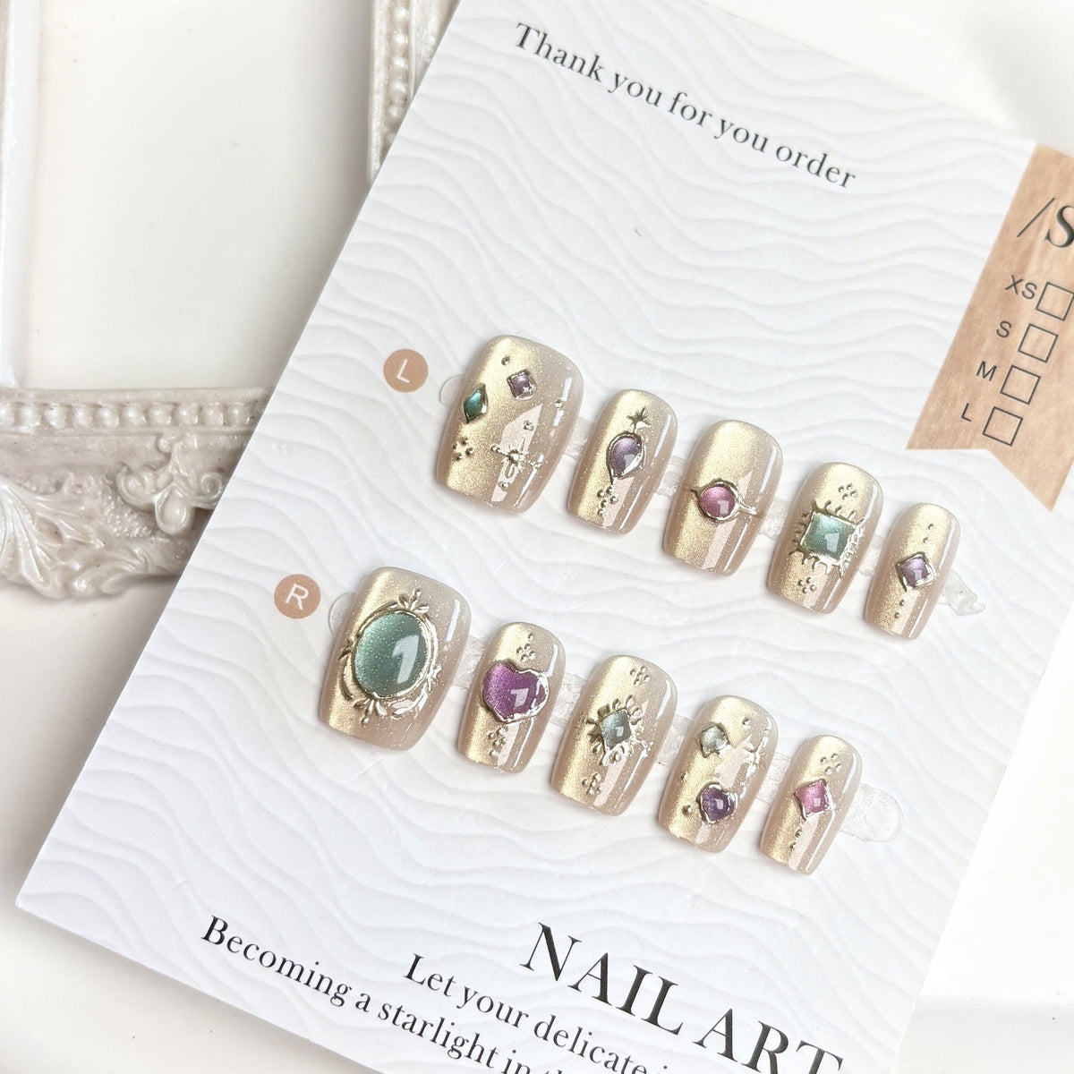 Decorative Press-On Nail Set with Gemstone Accents — product view 3