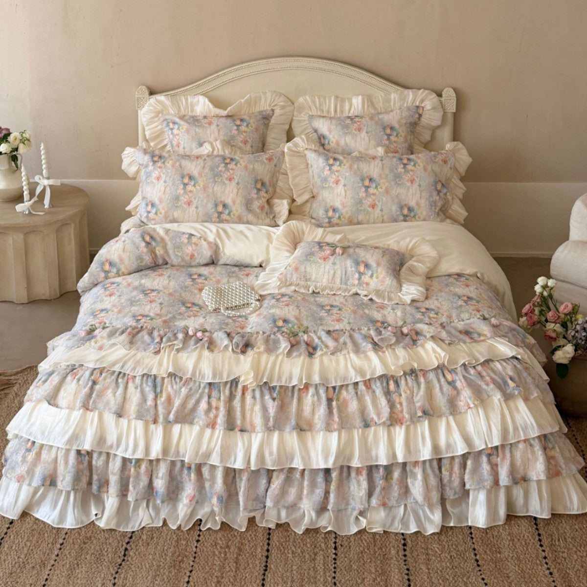 Romantic bedding set with layered ruffle, frills, and delicate watercolor flower print — product view 5