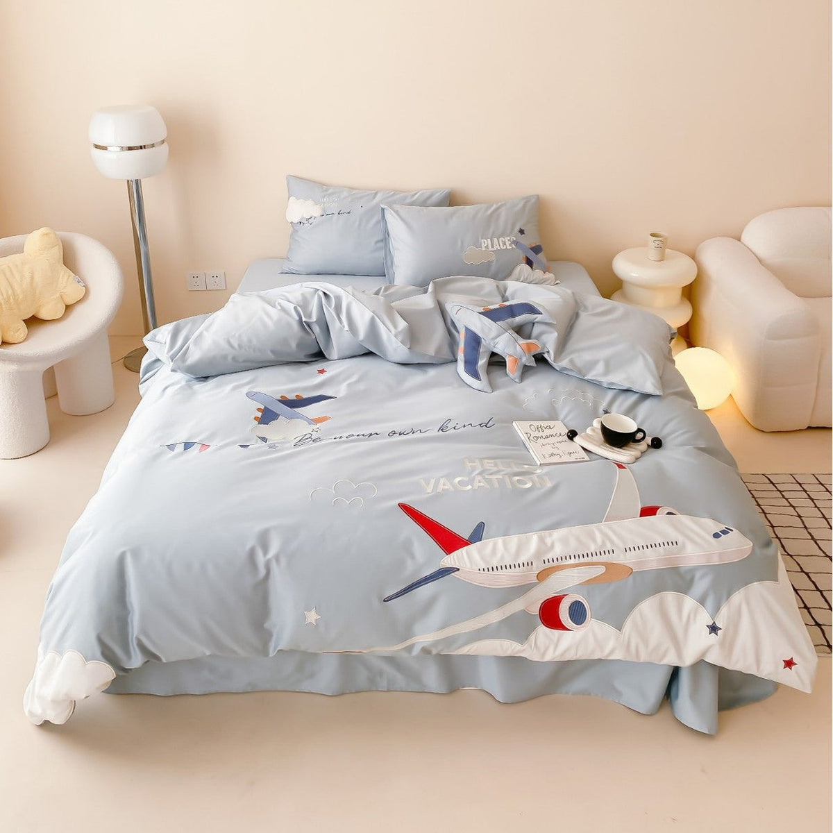 Children's bedding set with playful airplane motif made of cotton satin — product view 6