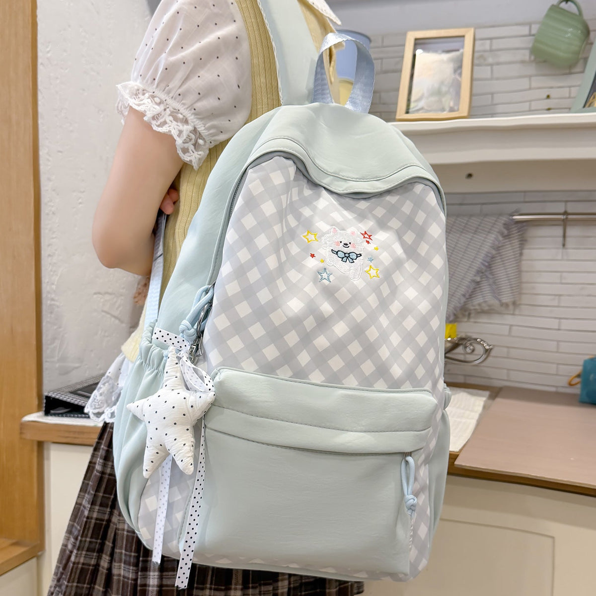 Cute Decorative Checked Pattern Backpack LoungeYard — product view 2