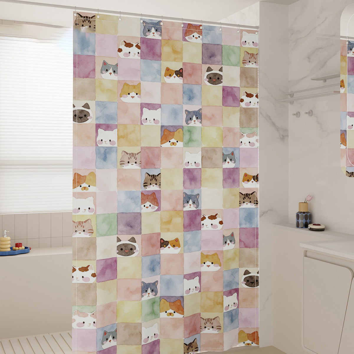 Watercolor Cat Print Shower Curtain LoungeYard — product view 3