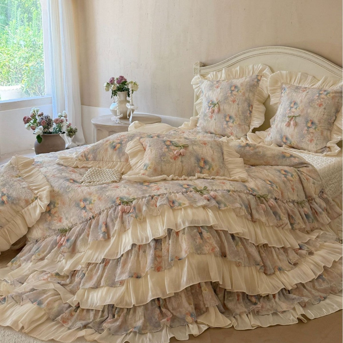 Romantic bedding set with layered ruffle, frills, and delicate watercolor flower print — product view 3