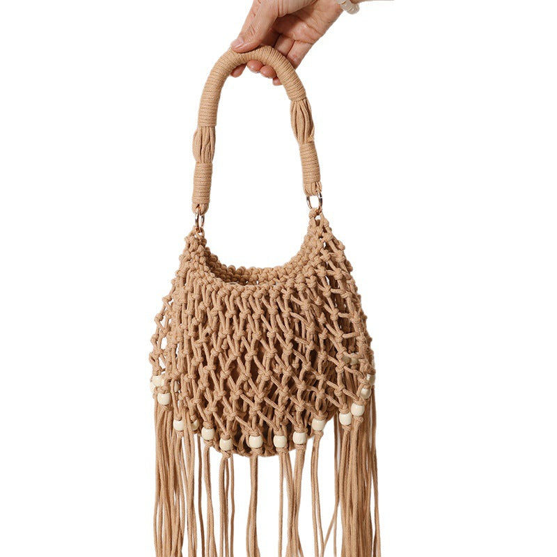 Macrame bag with decorative fringes and wooden beads LoungeYard — product view 5
