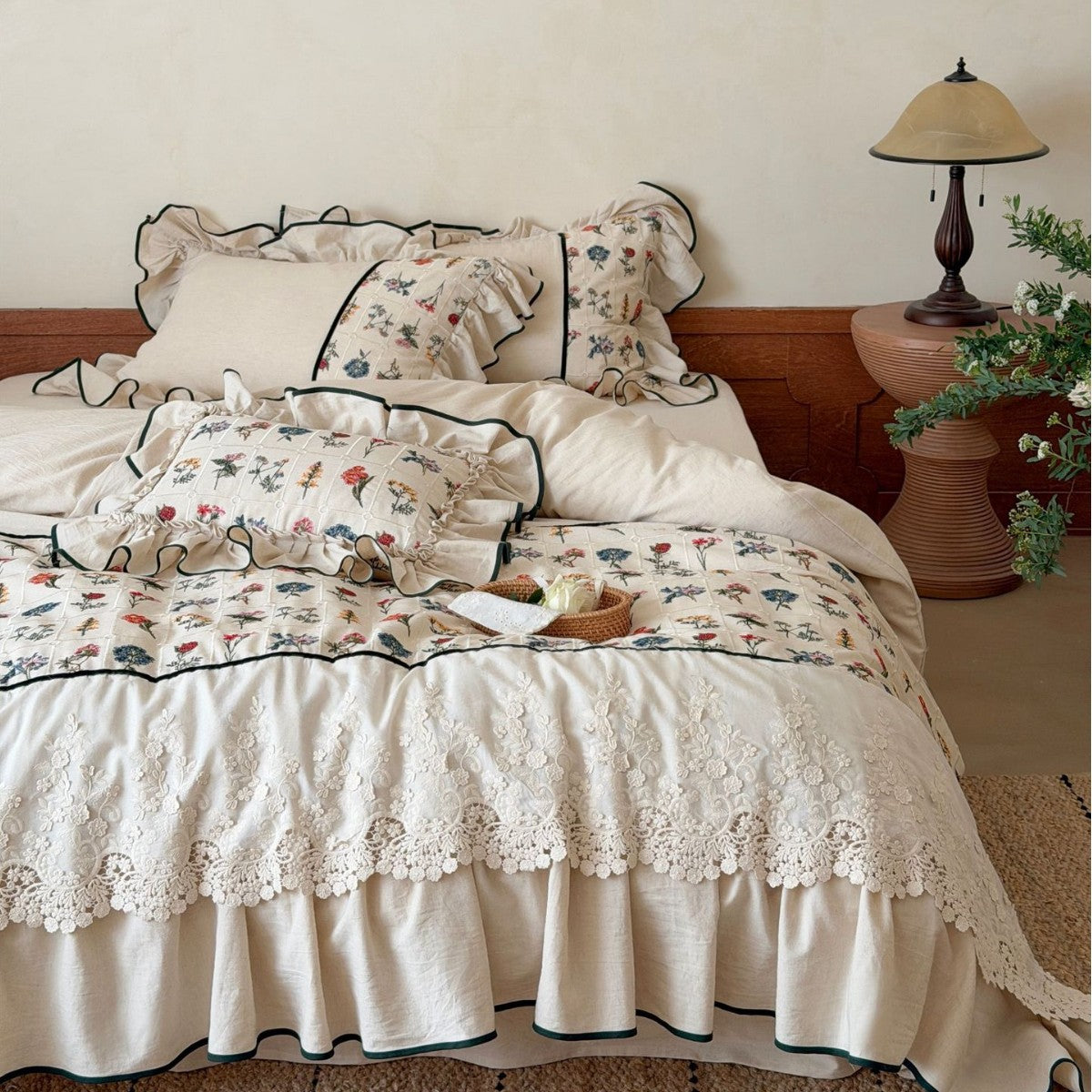 luxurious quilted bedspread set with embroidered lace and flounces — product view 6