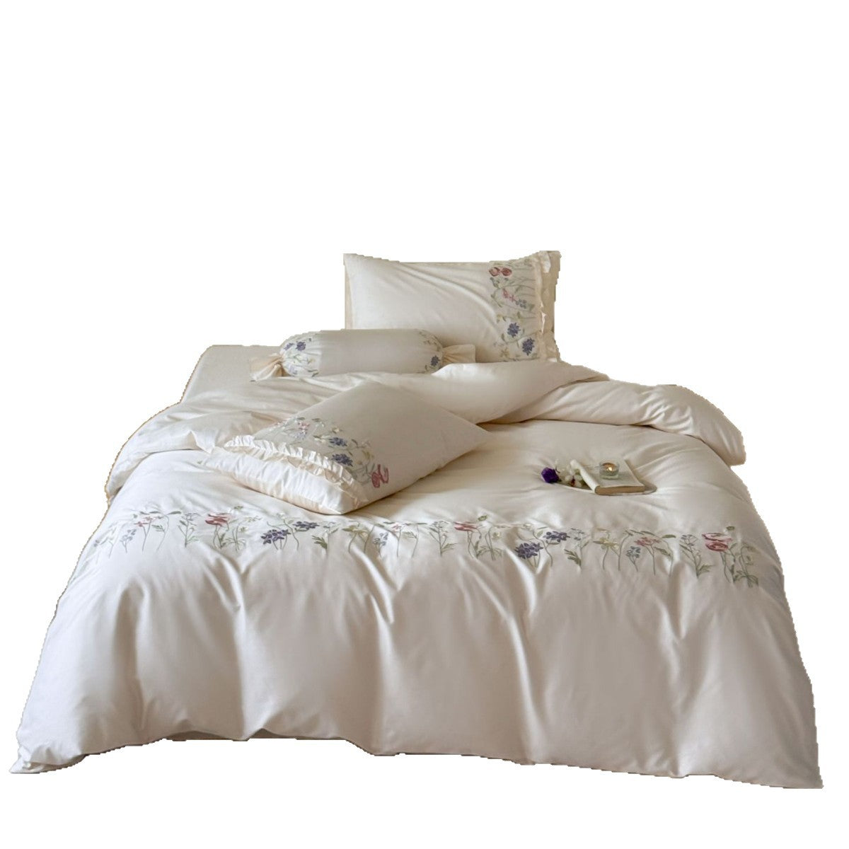Fine satin bed linen set with delicate botanical embroidery and ruffled edge LoungeYard — product view 5