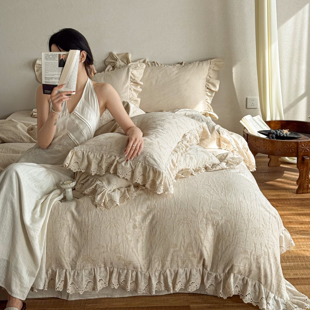 Cotton-linen bedding set with subtle jacquard floral pattern and ruffle trim — product view 6