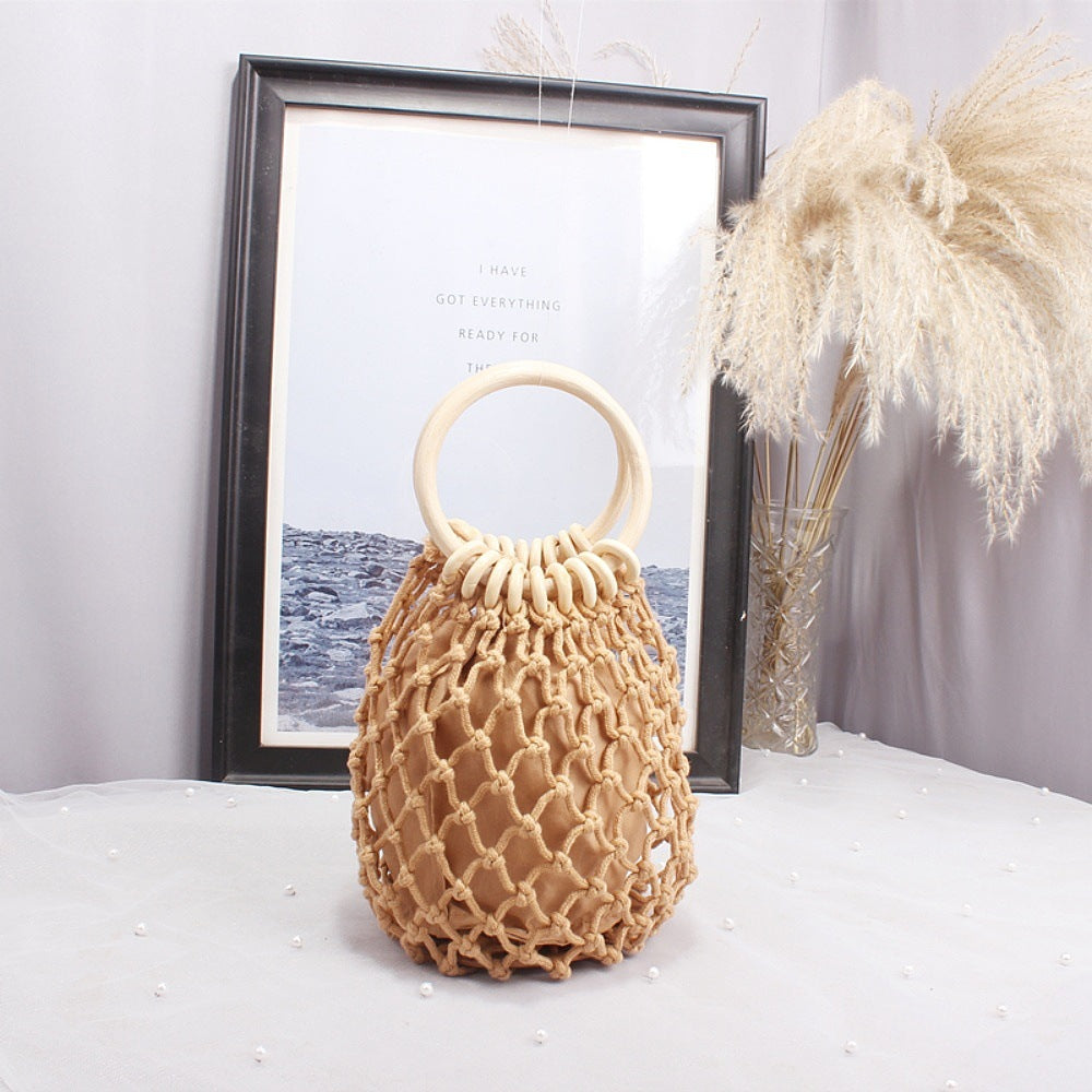 Macrame Carrying Bag with Wooden Handles LoungeYard — product view 6
