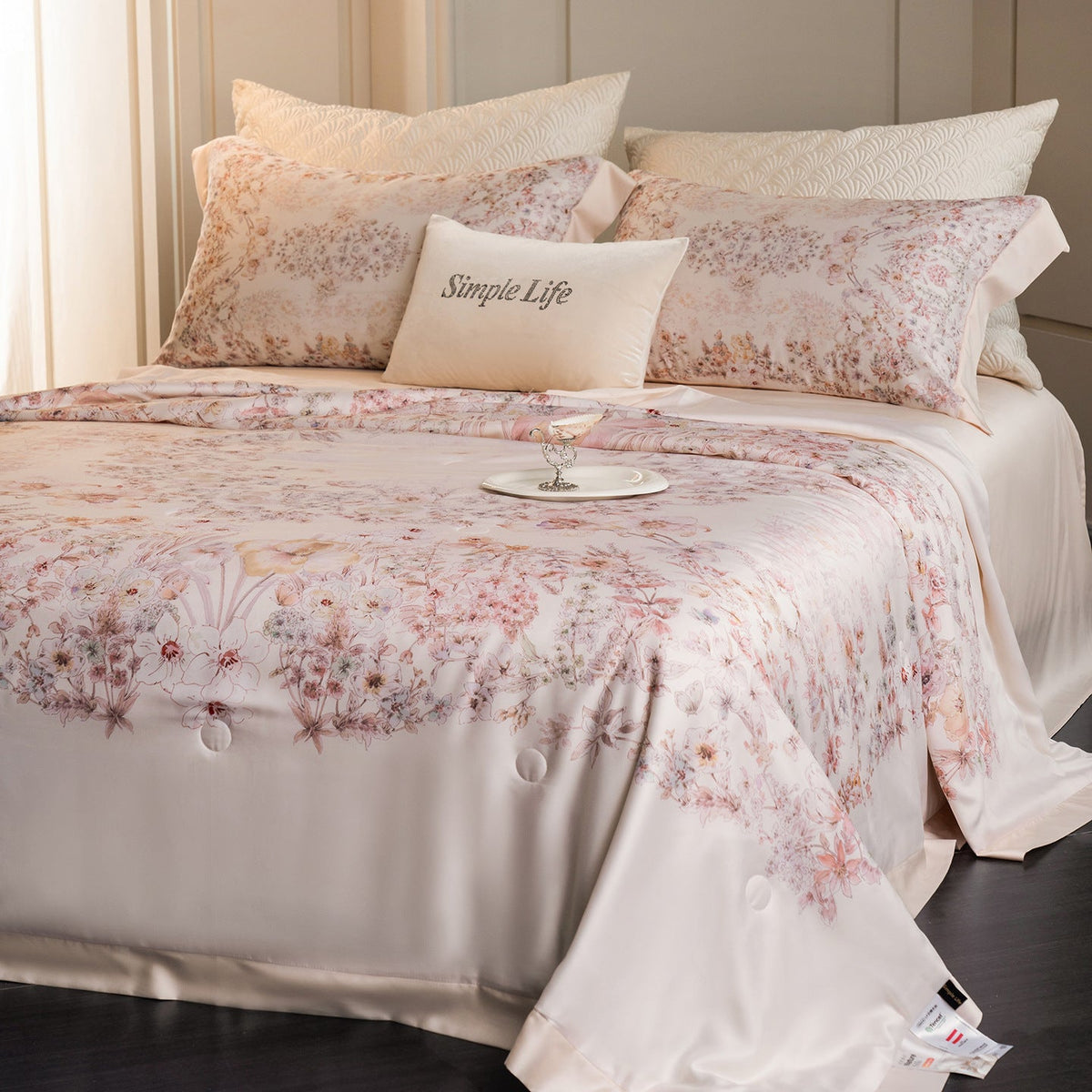 Luxurious cotton satin bed linen set with delicate floral print and quilted bedspread — product view 4