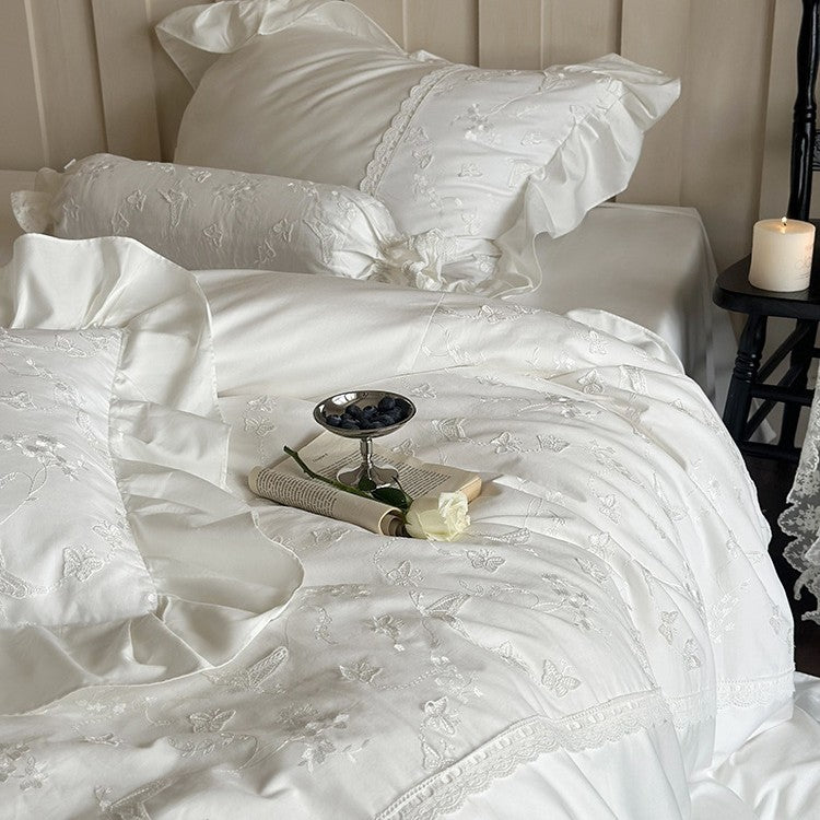 Luxurious satin bedding set with ruffles, lace trim, and fine embroidery — product view 6