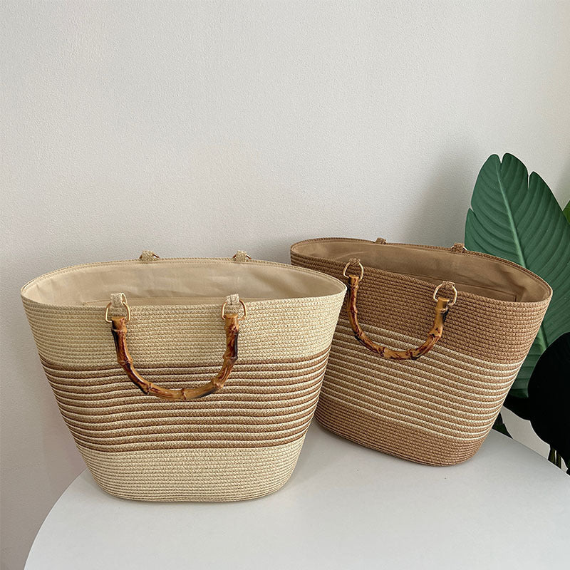 Stylish straw bag with high-quality wooden handle LoungeYard — product view 2