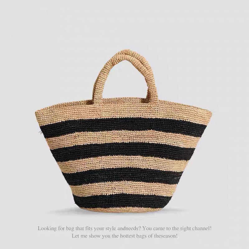 Handwoven beach bag in modern striped pattern LoungeYard — product view 1