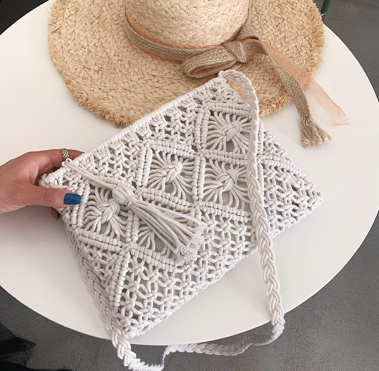 Hand-knotted shoulder bag with tassels and geometric pattern LoungeYard — product view 7
