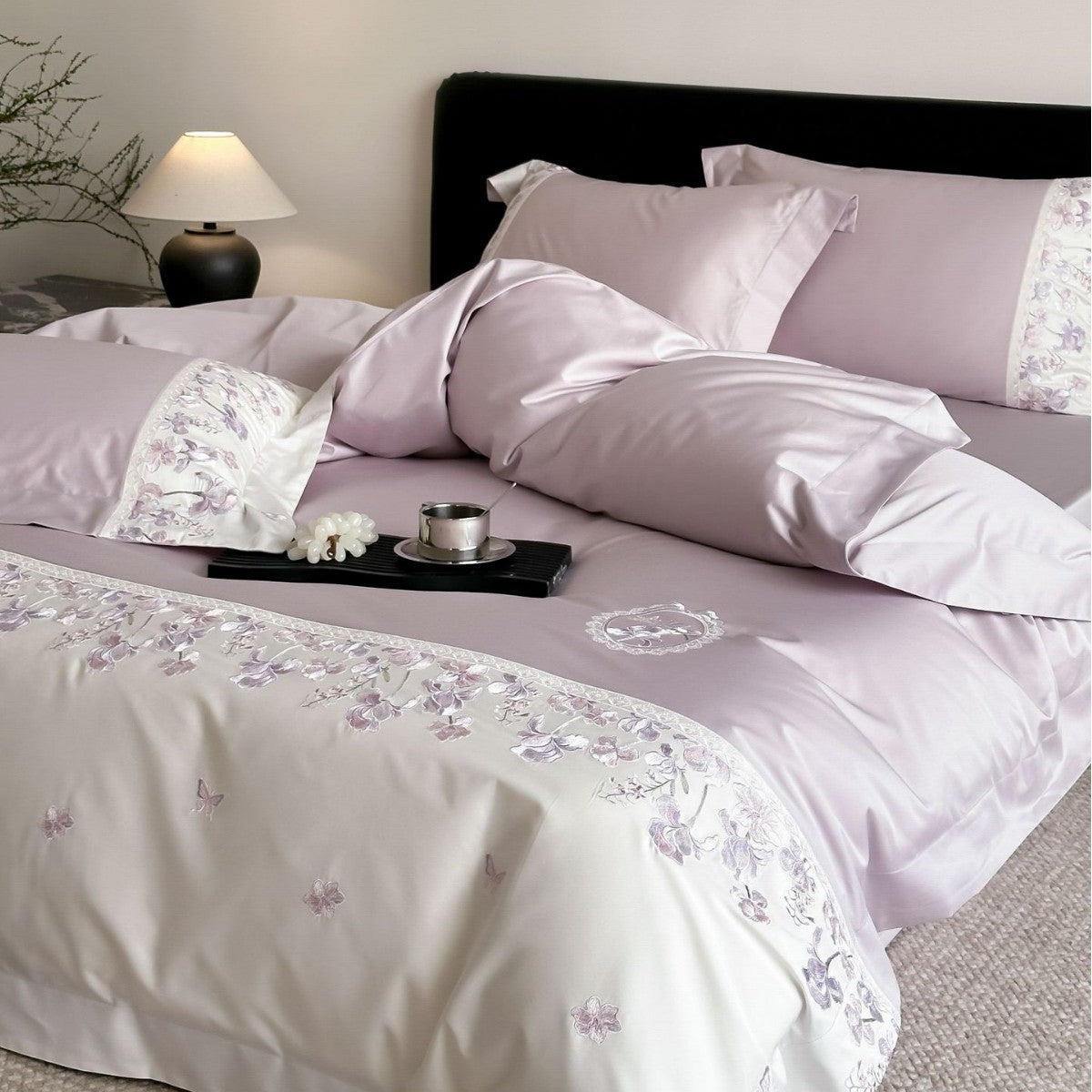 Luxurious satin bedding set with floral stitched border — product view 7