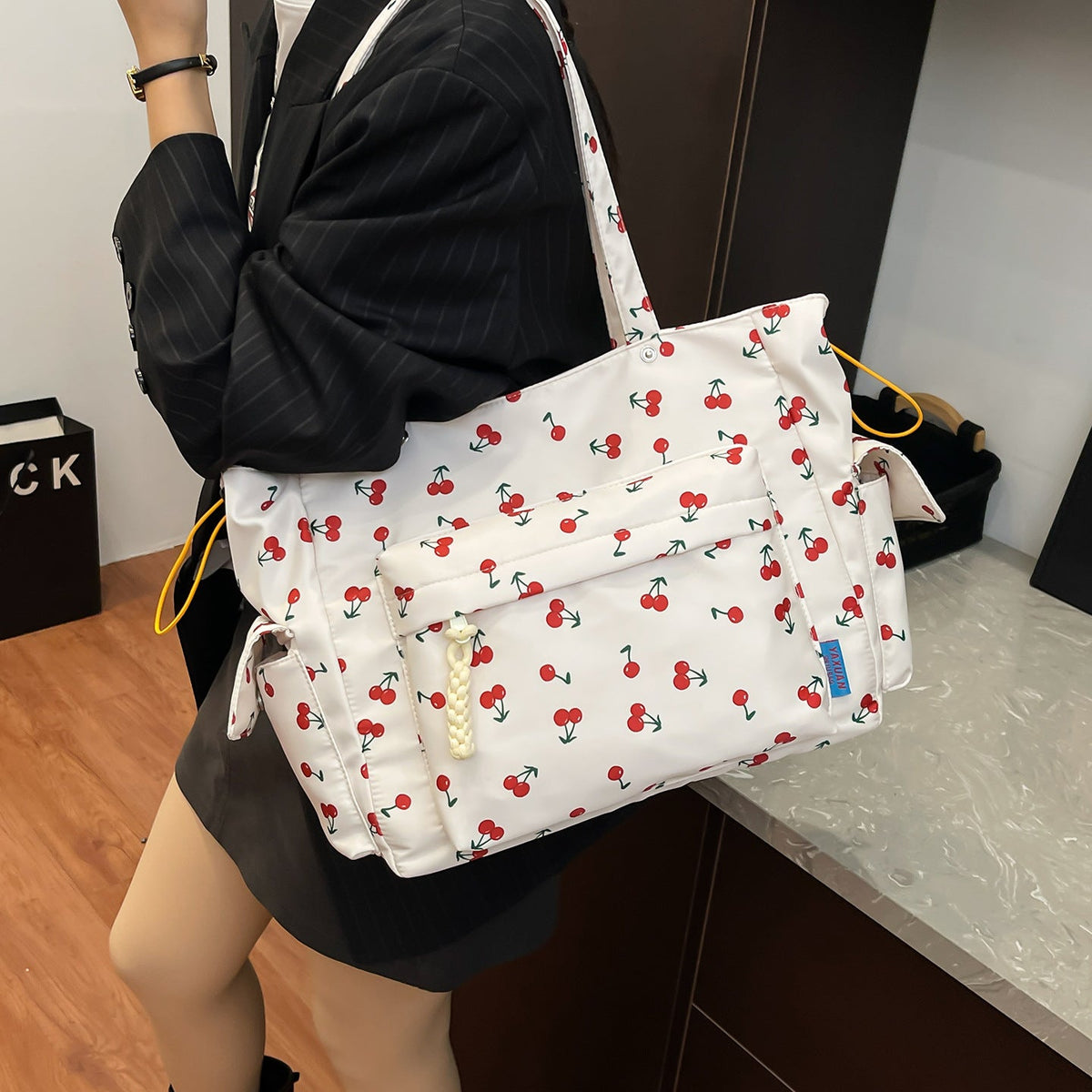 Cherry Print Multi-Pocket Tote Bag LoungeYard — product view 3