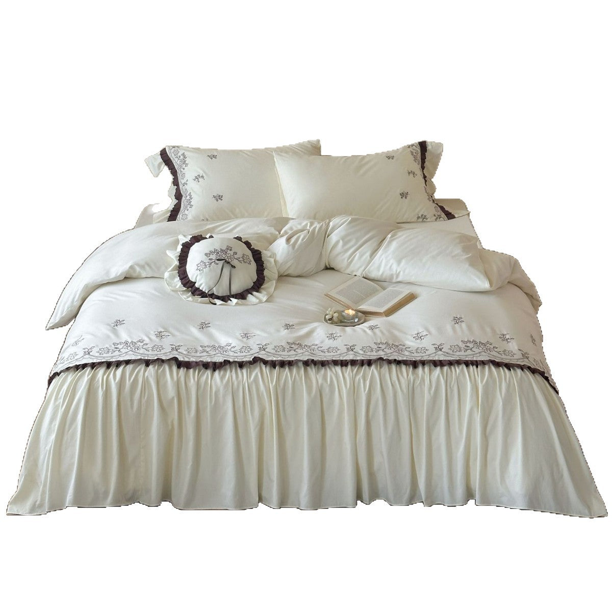 High-quality embroidered bedding set with ruffled bed skirt and decorative cushion — product view 2