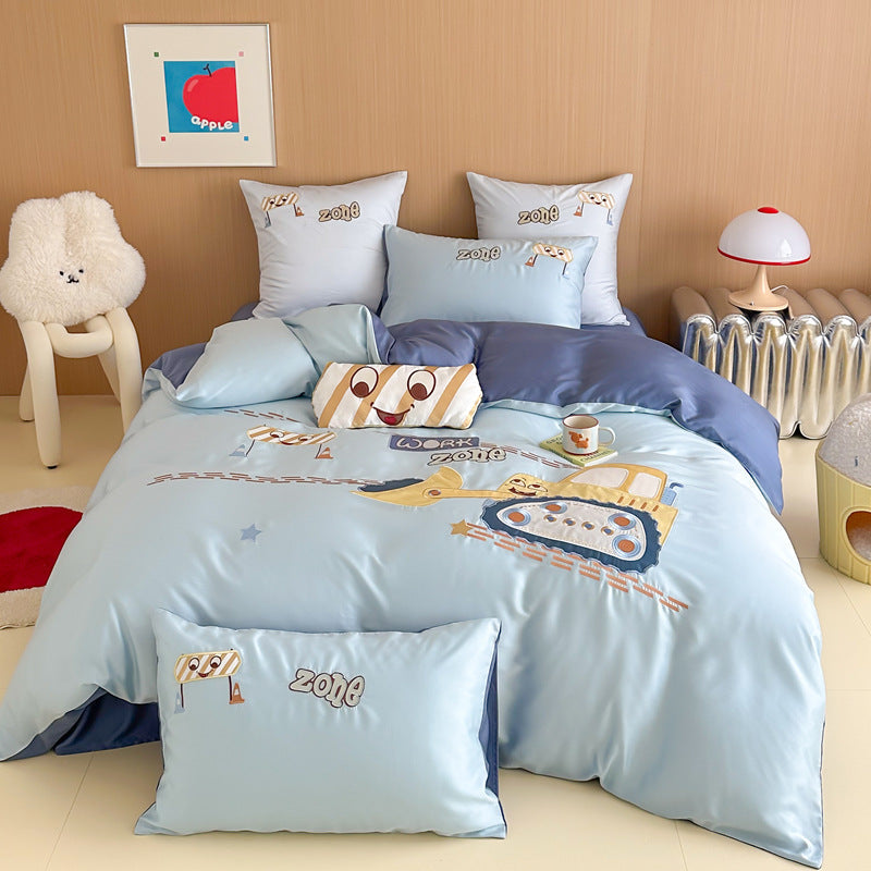 Children's bedding set with embroidered digger and construction site application made of fine cotton satin LoungeYard — product view 6