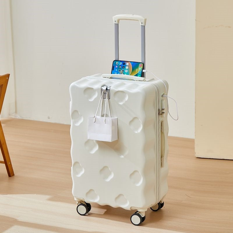 hard-shell carry-on suitcase with integrated foldable cup holder phone cradle USB charging port and external bag hooks LoungeYard — product view 3