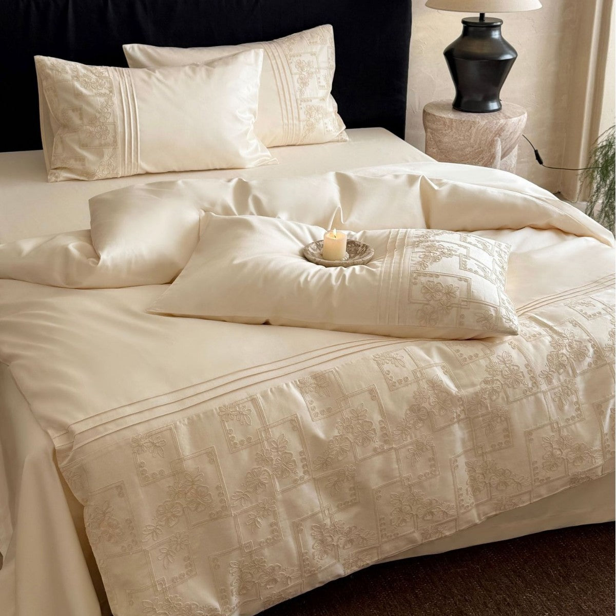 Satin bedding set with woven relief patterns and extra fine thread count — product view 1