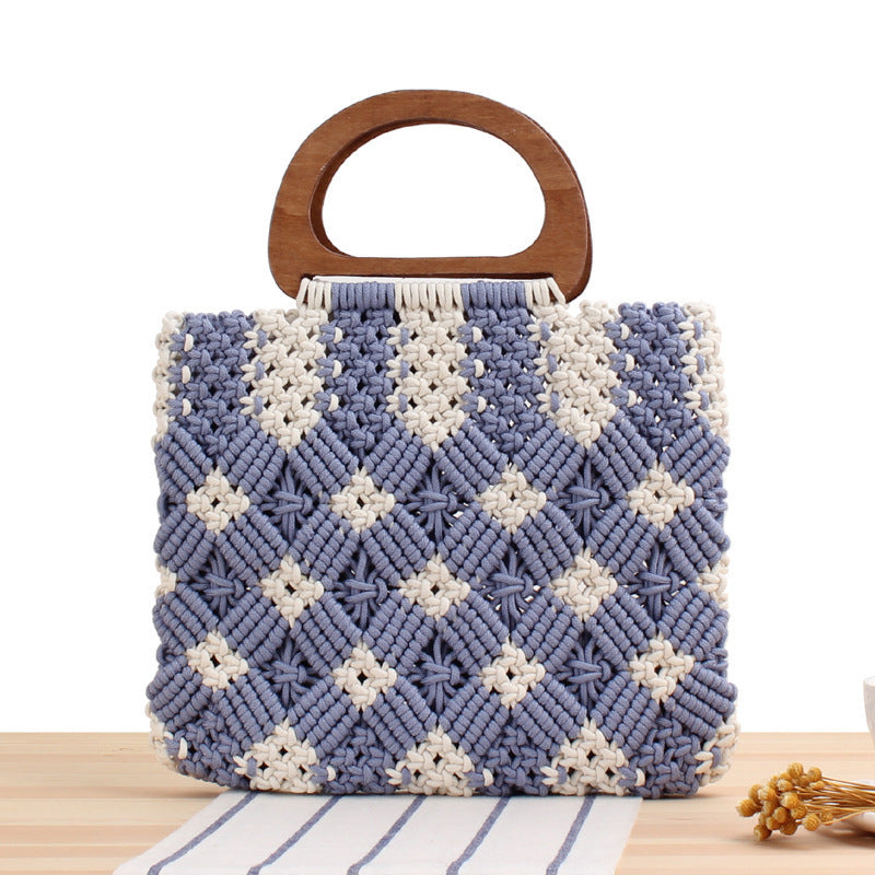 Macrame Tote Bag with Wooden Handles and Floral Details LoungeYard — product view 7