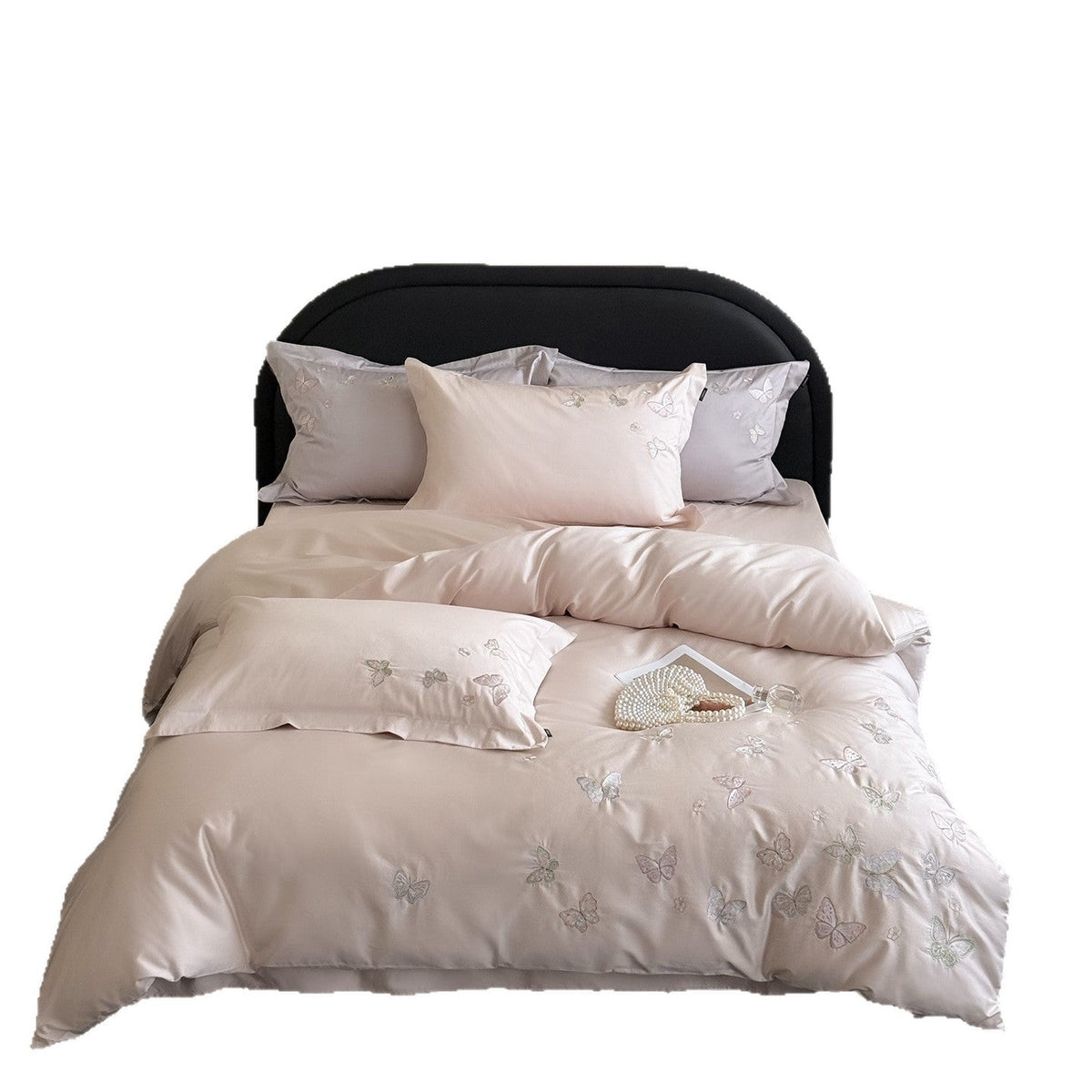 Satin bedding set with fine butterfly embroidery LoungeYard — product view 4