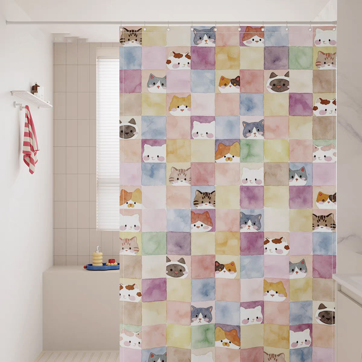 Watercolor Cat Print Shower Curtain LoungeYard — product view 1