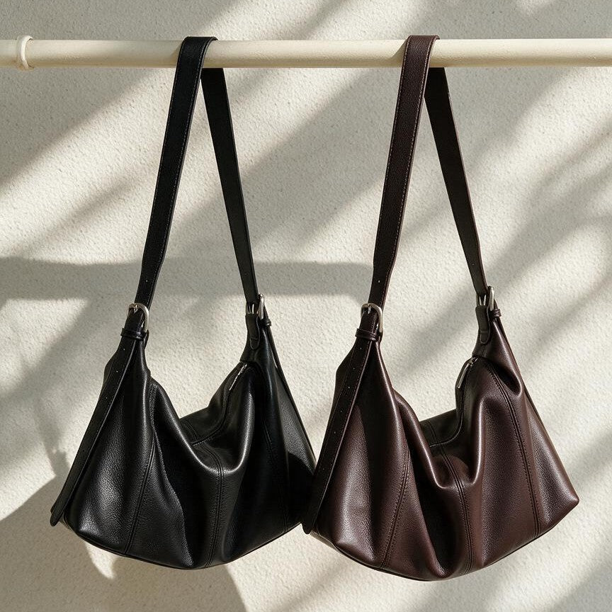 Curved-Side Pebbled Leather Slouchy Shoulder Hobo with Adjustable Buckle Straps — product view 1