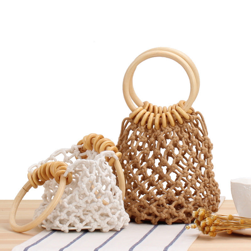 Elegant mesh handbag with wooden handles LoungeYard — product view 2