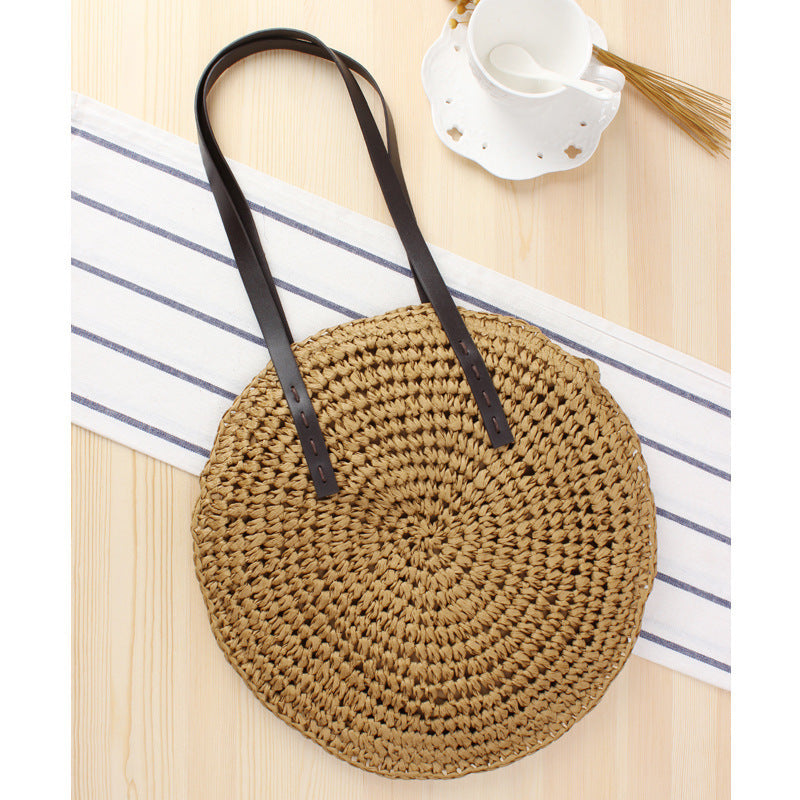 Round Bast Tote Bag with Leather-Embellished Handles LoungeYard — product view 7