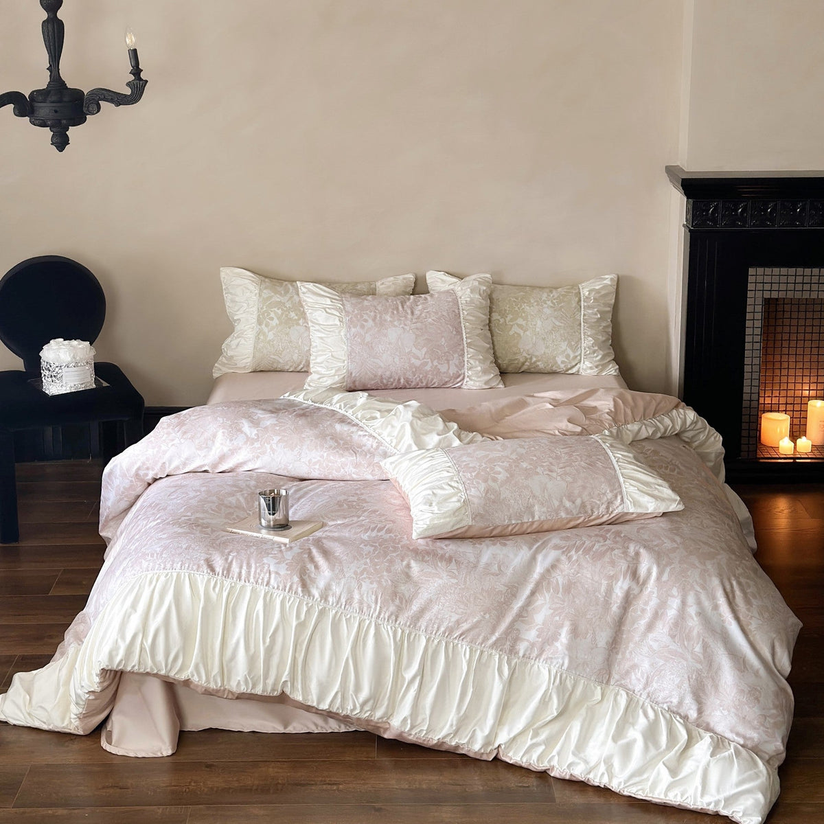 Luxurious satin bedding set with ruffles and floral jacquard LoungeYard — product view 1