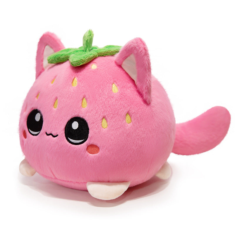 Round Strawberry Cat Plush Cushion with Embroidered Face Leaf Top & Soft Bean-Fill LoungeYard — product view 3