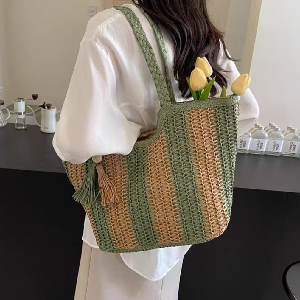 Beach bag with cheerful stripes and tassel details LoungeYard — product view 3