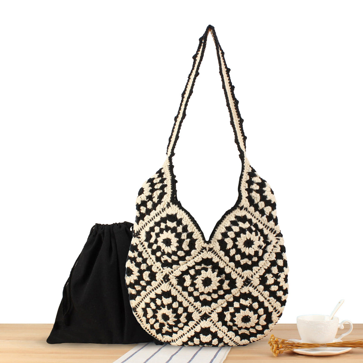 Handmade Macrame Shoulder Bag with Floral Patterns LoungeYard — product view 2