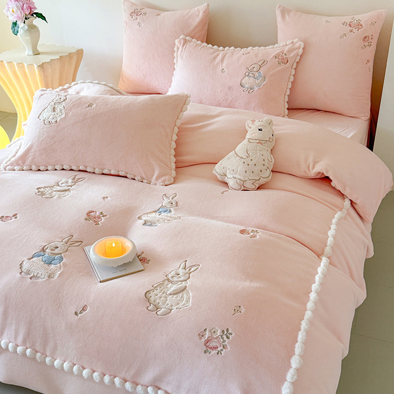 Cute cotton bedding set with embroidered bunny appliqués and pom-pom trim — product view 1