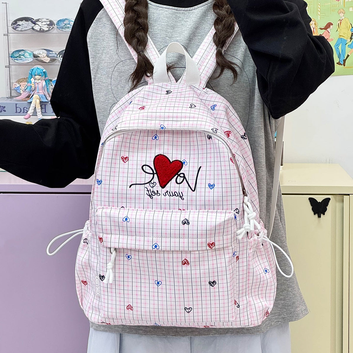 Embroidered Heart-Themed Casual Backpack LoungeYard — product view 2