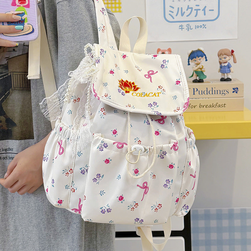 Floral-Embellished Drawstring Backpack LoungeYard — product view 1