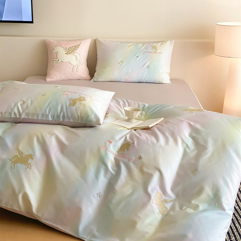 Pastel bedding set with unicorn embroidery and silky soft satin — product view 1