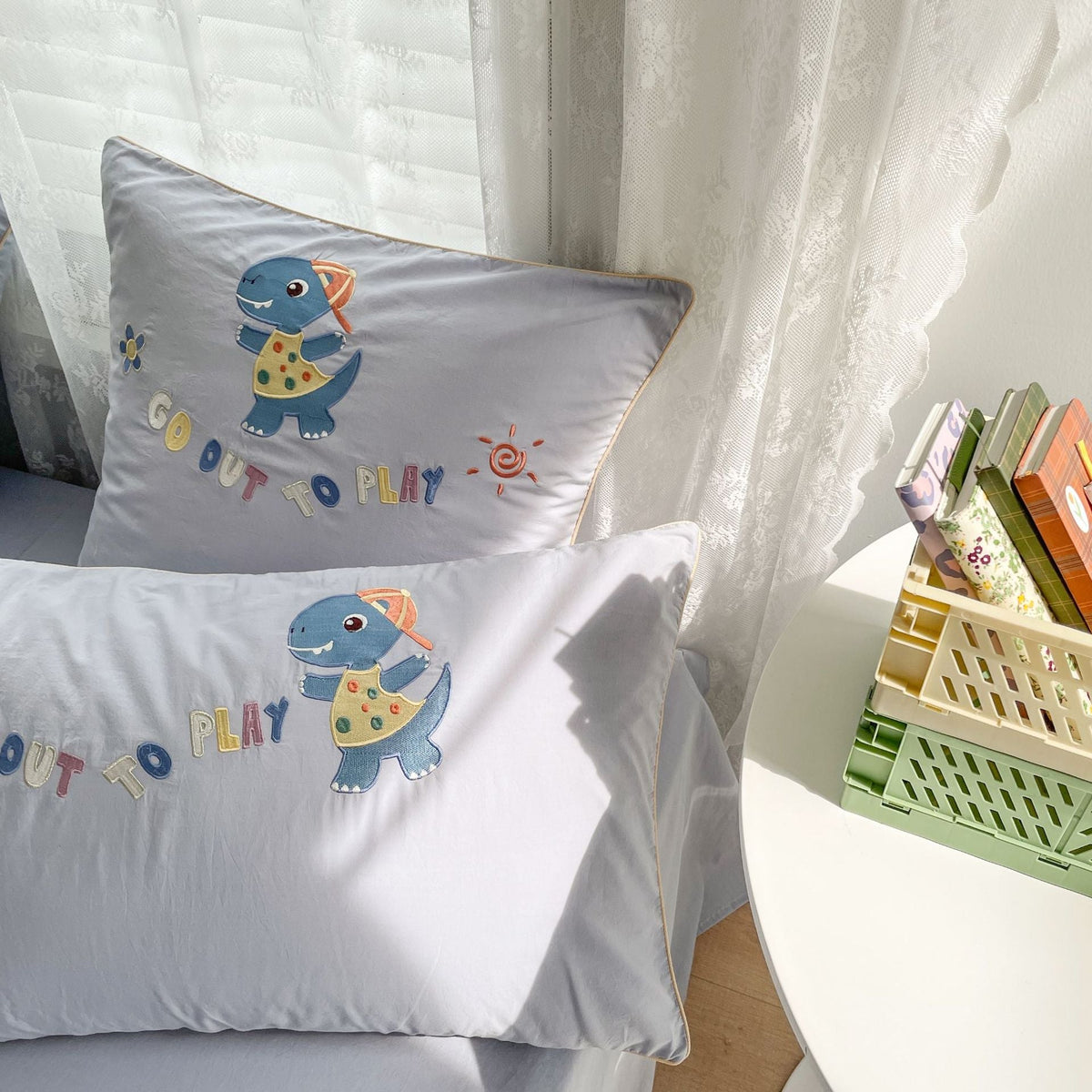 Children's bedding set with embroidered dinosaur and car appliqués LoungeYard — product view 4