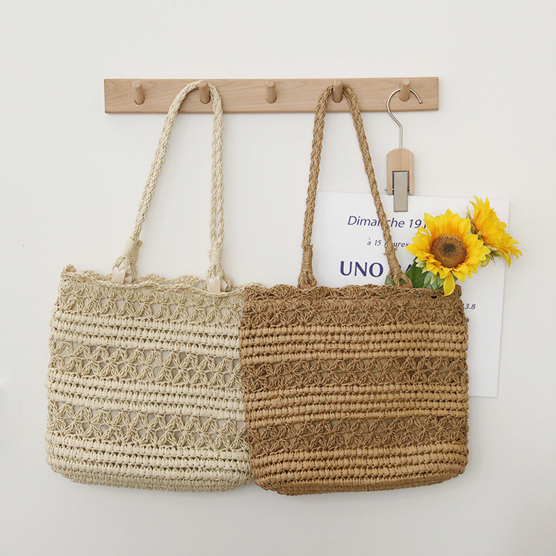 Hand-knotted beach bag in modern mesh design LoungeYard — product view 1