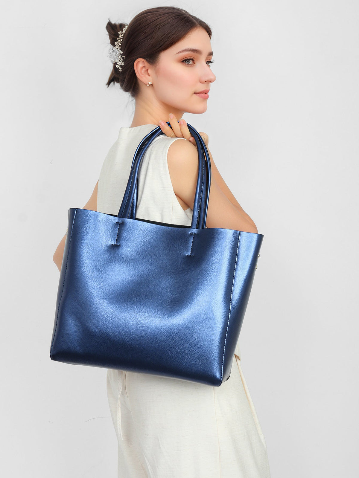Metallic Structured Shoulder Tote with Double Top Handles — product view 5