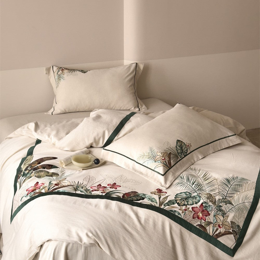 Bedding set with exotic landscape print and cotton-linen blend — product view 1